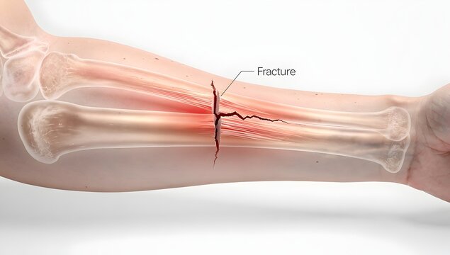 Ultra-realistic medical illustration of a fractured arm bone with callus beginning to form, recovery stage, crisp line work, premium orthopedic educational image