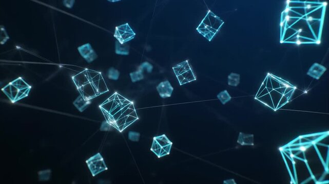 Glowing blue wireframe cubes floating in dark digital space capturing abstract motion video footage animation effect