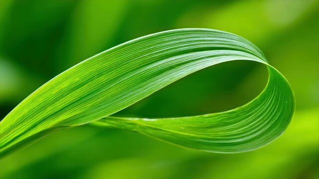 Close-up of a vibrant green leaf, curled in a loop against a blurred green backdrop