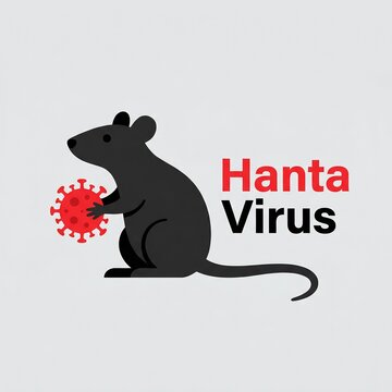 Black rodent holds red virus symbol. Text reads "Hanta Virus" in bold red and black. Simple flat style, clear and striking visual. Medical education, public health awareness