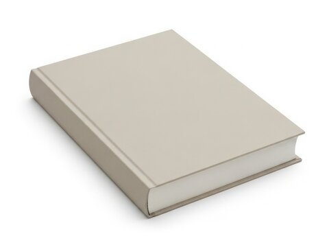 A beige hardcover book with blank pages, standing upright on a white surface.