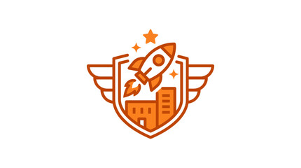 Fototapeta premium Rocket Launching Over City Skyline with Shield and Wings Emblem