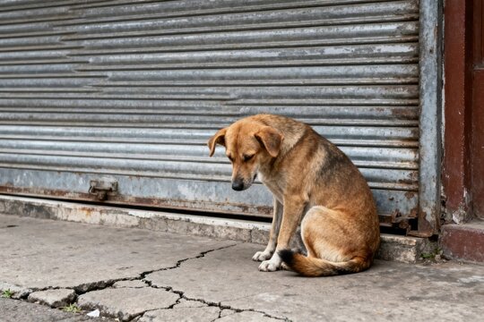 Stray Dog Sitting Dejectedly Outside Closed Metal Shutter Highlighting Urban Animal Abandonment