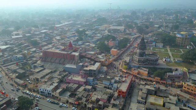 Aerial view of  Shri Ram Mandir, Ayodhya, Shri Hanuman Garhi Mandir, Lata Mangeshkar Chowk and Ram ki Paidi Ghats