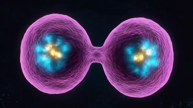 Dynamic 3D cell division animation showing mitosis with glowing nucleus and detailed structure, symbolizing cellular reproduction