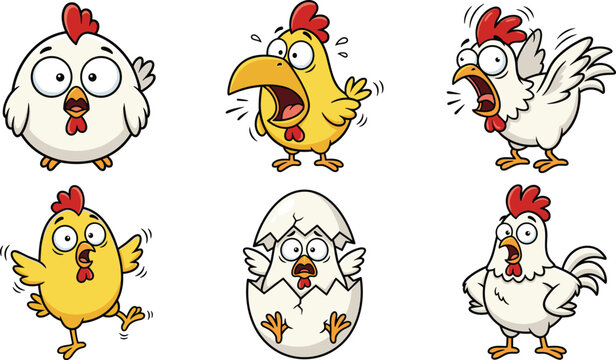 Funny Cartoon Chicken and Chick Vector Character Set Showing Shocked, Screaming, and Surprised Emotions with Hatching Egg for Humorous Farm Animal Mascots and Comic Designs