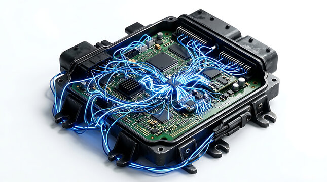 Close-up view of a complex electronic control unit with wires, isolated on white background