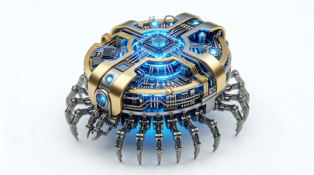 Futuristic robotic spider-like device with intricate circuitry and blue lights isolated on white