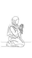 Obraz premium Modest Muslim Woman Praying with Prayer Beads While Kneeling on Simple Background