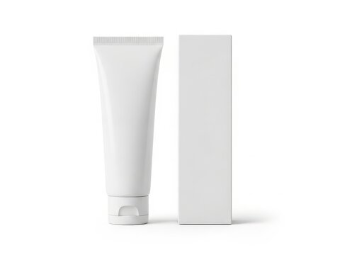 White tube of skincare cream next to a white rectangular box on a white background