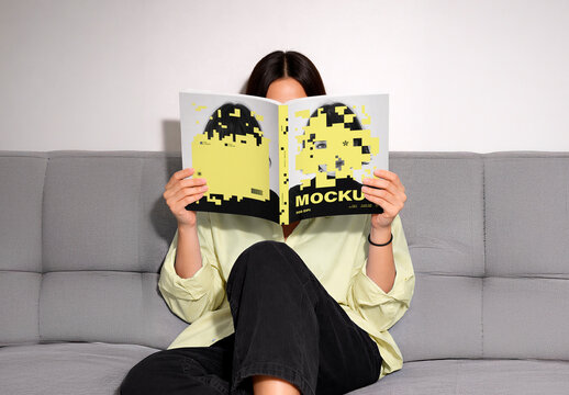 Woman Sofa Reading Magazine Mockup