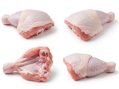 Four pieces of raw chicken, including thighs, drumsticks, and wings, arranged neatly on a white background.