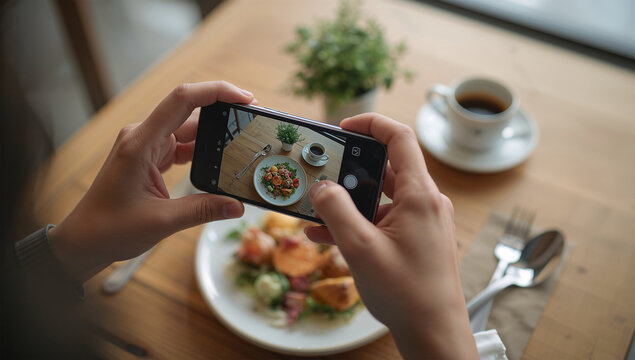 日本人の手がカフェの料理をスマートフォンで撮影する写真