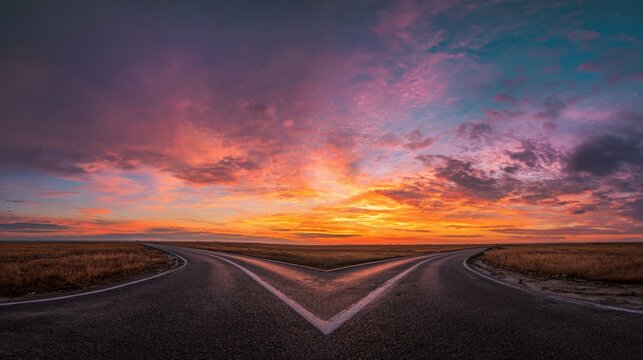 Two diverging paths represent making a decision and finding a new direction, leading to opportunity under a colorful sky at dusk