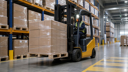 Naklejka premium Forklift moving palletized cargo in an industrial warehouse