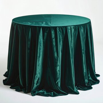 Rich emerald velvet drapes over a round table with elegant folds
