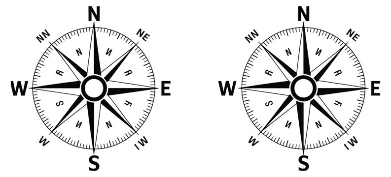 Vintage nautical wind rose compass set, north direction icons, travel navigation symbols, maritime cartography elements, classic exploration design.