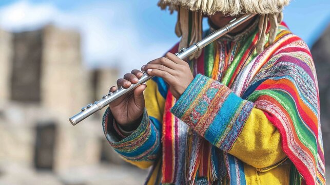 Musician wearing traditional colorful poncho and straw hat playing a flute, representing Andean culture and ancient heritage
