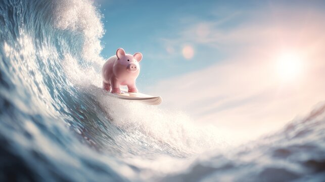 Piggy bank balancing on a surfboard, navigating a powerful ocean wave under a sunny sky, representing financial challenges and growth opportunity