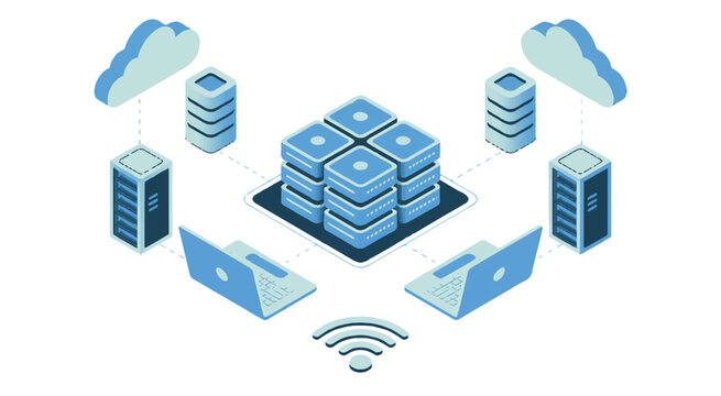 Servers and laptops are connected to a central storage system via WiFi.