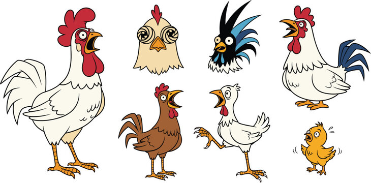Funny Cartoon Chicken Rooster and Chick Vector Character Set Featuring Screaming Shocked and Crazy Expressions for Humorous Farm Animal Mascot and Comic Style Graphic Designs