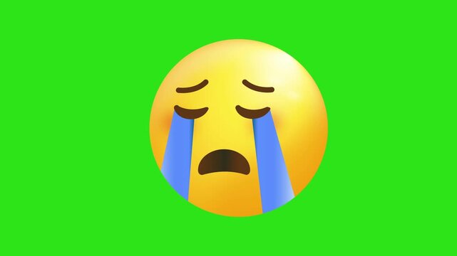 Sad yellow emoji face crying blue tears on bright neon green background. Ideal for expressing sorrow and disappointment in designs.