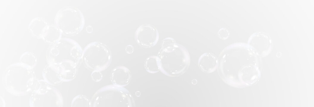 Realistic soap vector bubbles png isolated on transparent background. The effect of falling and flying bubbles. Glass bubble effect.	
