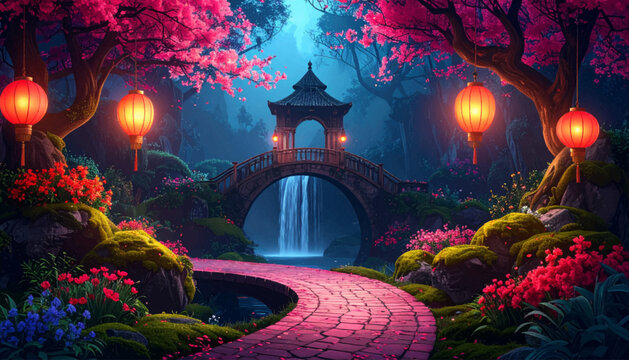 Curved pink path guides viewers to serene temple bridge. Lantern forest scene highlights zen tourism wellness. Blooming Asian garden backdrop suits seasonal campaigns