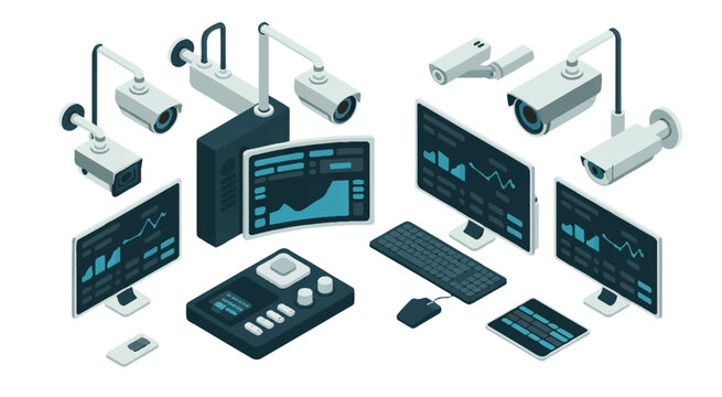 A victor celebrates with security cameras and computer equipment in a modern control room.