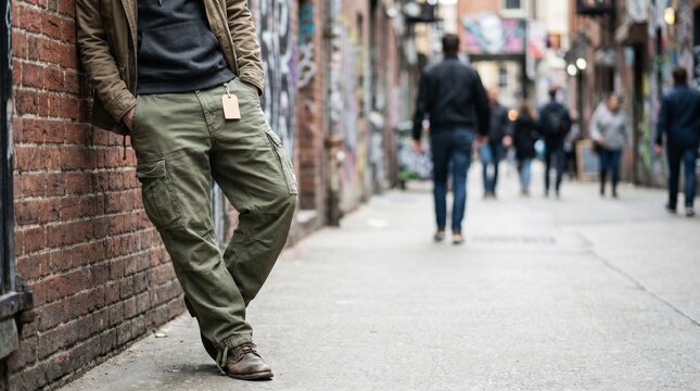Young man in olive cargo pants leaning against a graffiti brick wall