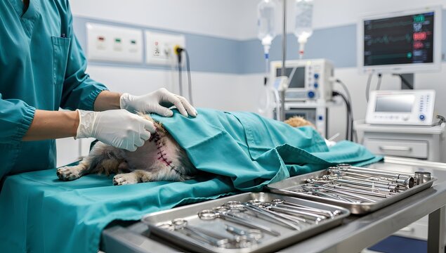 Ultra-realistic close-up of gloved veterinarian hands verifying the good work after trauma procedure, surgical instruments nearby, calm clinic atmosphere, crisp medical texture
