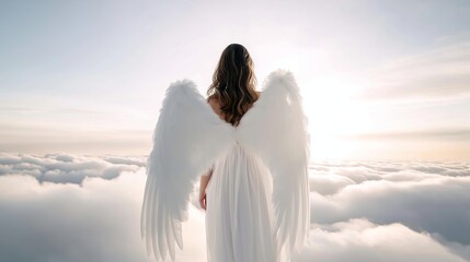 Obraz premium Woman standing above soft clouds, looking towards a radiant sky. Depicting themes of spirituality, heaven, freedom, and hope