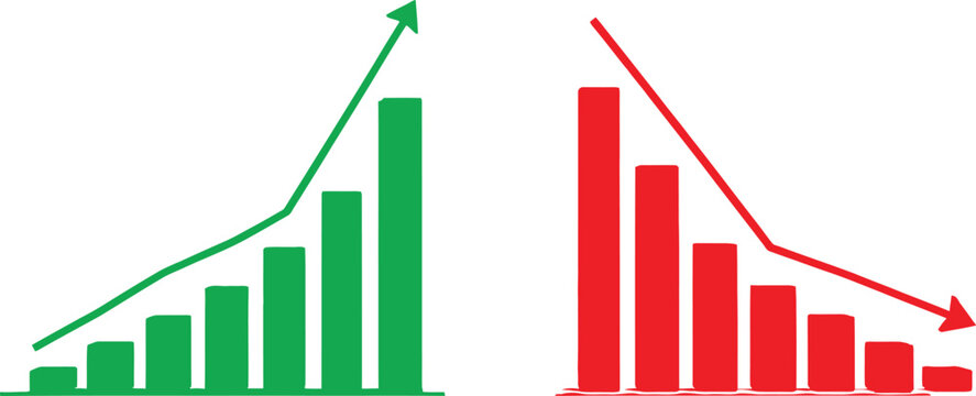 Green rising bar chart and red falling bar chart showing business growth and decline