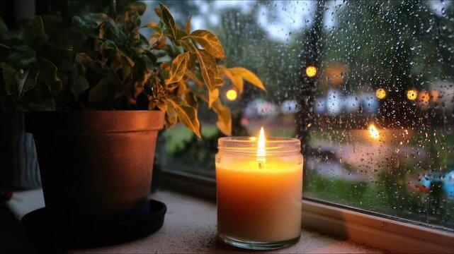A lit candle beside a plant sits on a windowsill as raindrops hit the glass, blurred lights outside