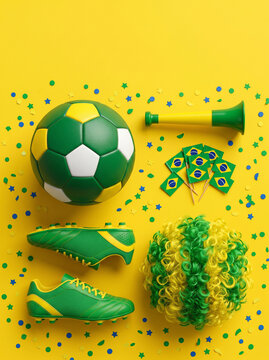 Brazilian football fan celebration with soccer items