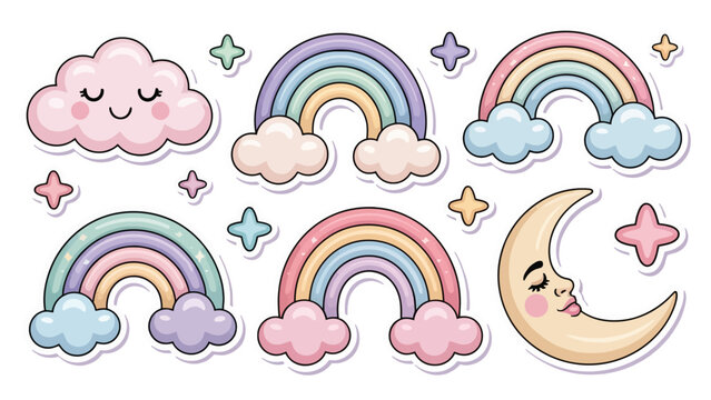 Cute cartoon rainbows clouds and moon stickers on white background