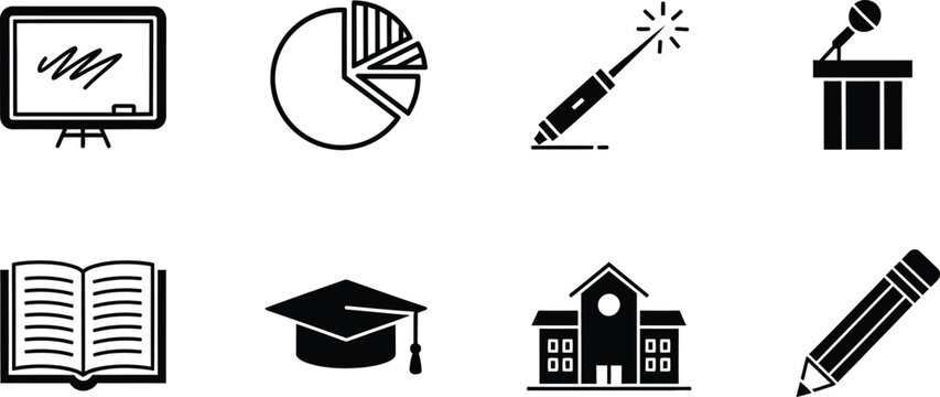 Education and business icons set blackboard pie chart presentation and academic symbols