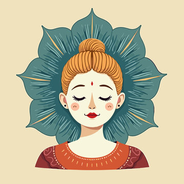 A meditating woman portrait with a lotus flower frame, with copy space. This artwork is suitable for spiritual blogs, yoga flyers, and mental wellness websites.