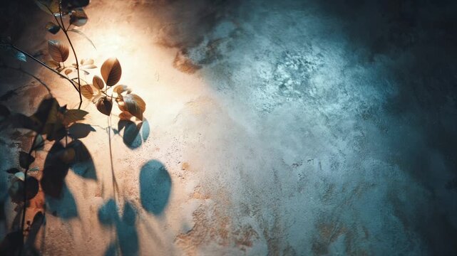 Sunlight bathes a textured wall; leaves cast shadows, creating a serene, abstract composition