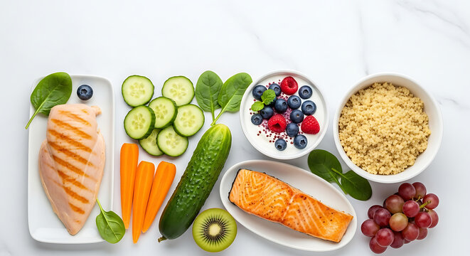 Assorted nutritious low fodmap diet ingredients featuring organic meat fresh vegetables berries fruit and grains on elegant white marble surface background with copy space top view layout