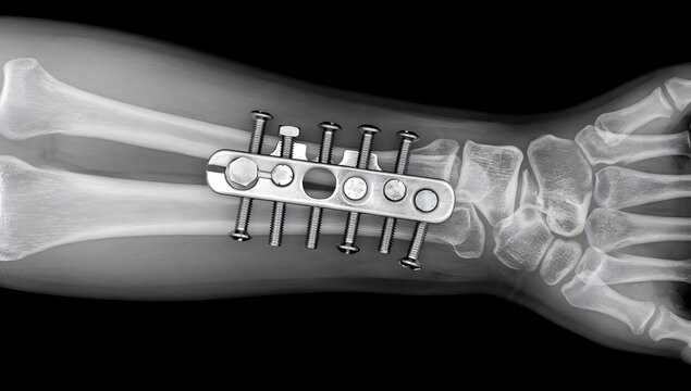 Ultra-realistic x-ray showing arm&rsquo;s bone fracture shaft corrected with plate and screws, clean medical composition, detailed metal hardware, hospital lightbox presentation