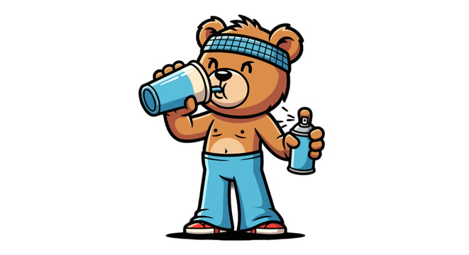 Cute Cartoon Bear Drinking From Large Cup And Sweating.
