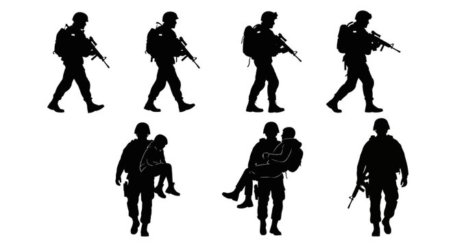 Soldier Silhouette Set with Military Patrol and Child Rescue