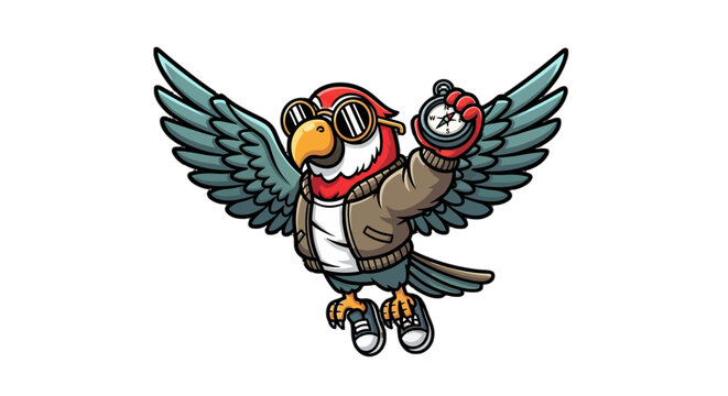 Whimsical cartoon parrot wearing aviator gear and skates.