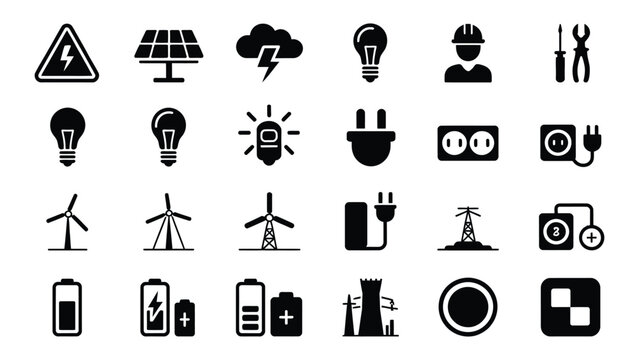 Energy and electricity icons set symbols for power generation and usage