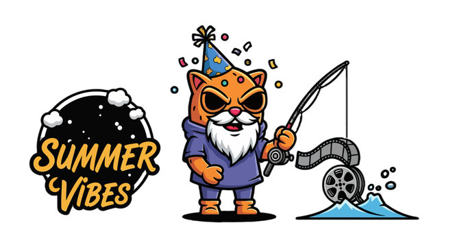 Whimsical cartoon cat fishing in winter party hat.