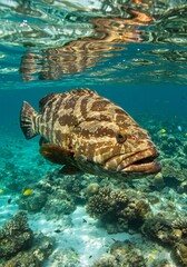 Fototapeta premium Large Grouper Fish Swimming Over Coral Reef in Tropical Ocean