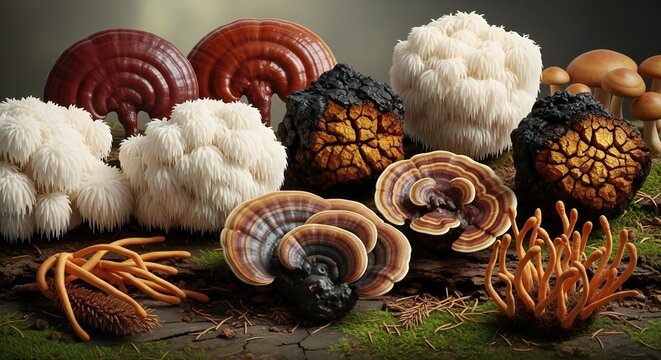 Assortment of Medicinal Mushrooms: Reishi, Lion's Mane, Cordyceps, and Turkey Tail