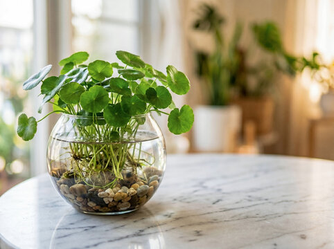Fresh Gotu Kola Plant in Glass Pot with Water on Marble Table and Copy Space