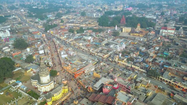 Aerial view of Shri Ram Mandir, Ayodhya, Shri Hanuman Garhi Mandir, Lata Mangeshkar Chowk and Ram ki Paidi Ghats